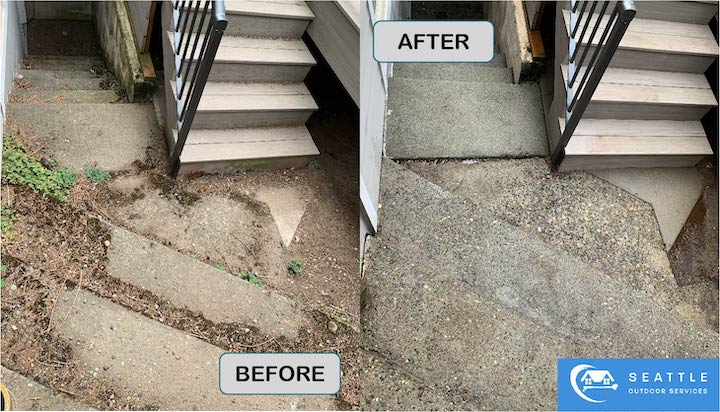 Image of an outdoor patio area before and after pressure washing cleaning.